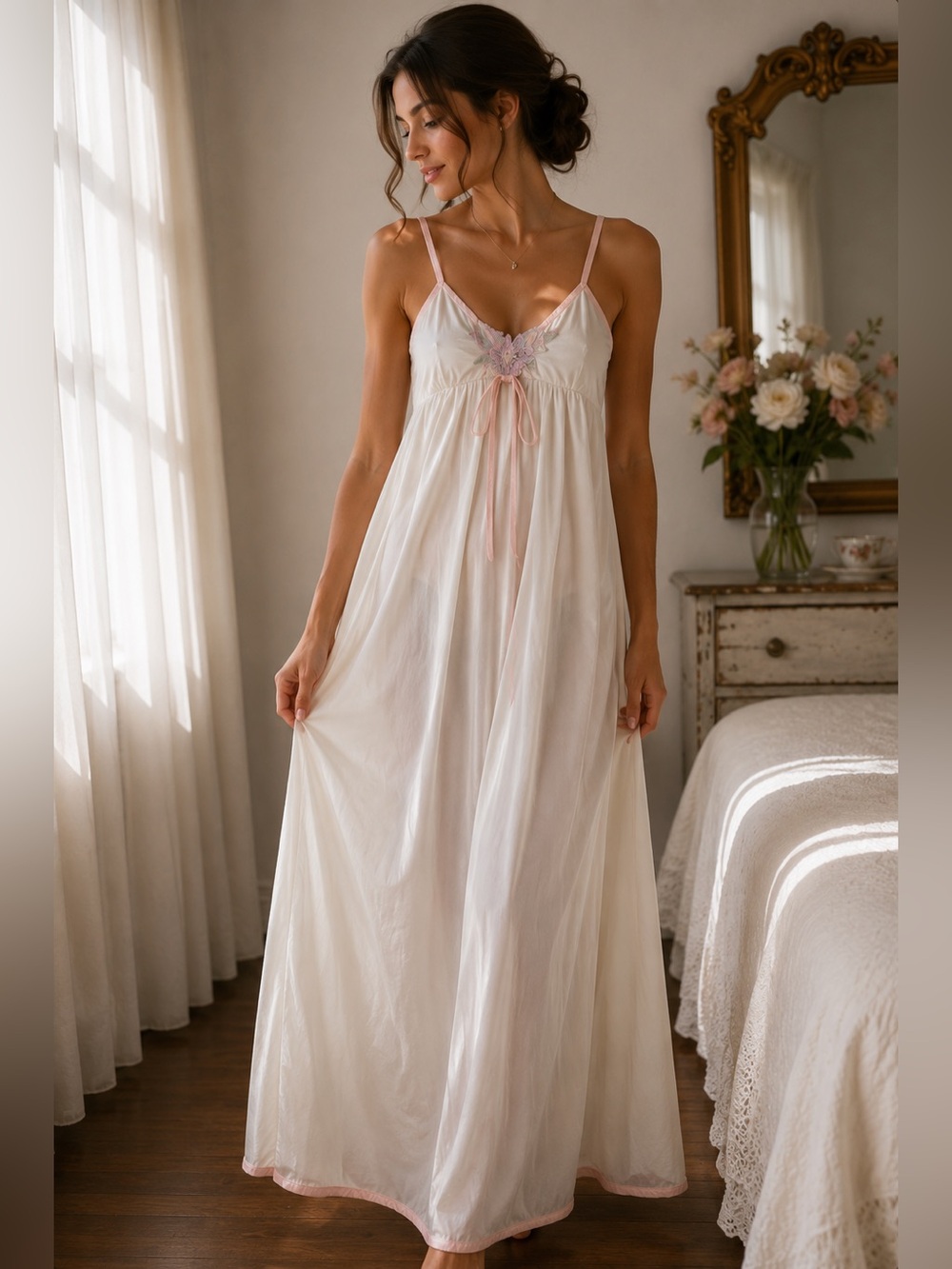 Vintage Lorraine Ivory Nylon Chemise Maxi Nightgown Pink Trim- Medium